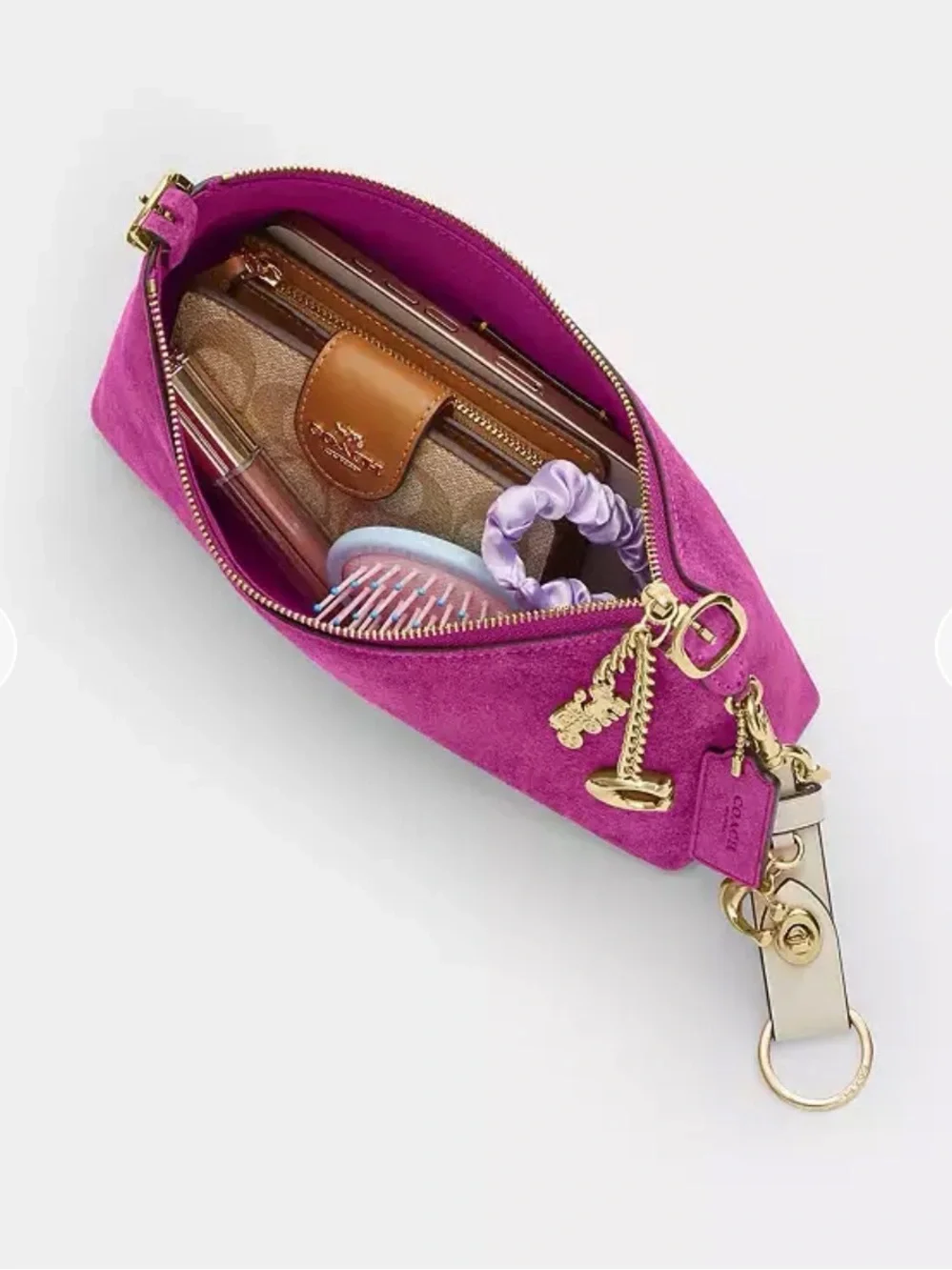 COACH Magenta is Suede Shoulder Bag with Gold Hardware